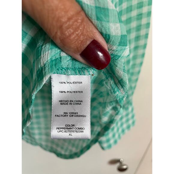 Daisy Fuentes green gingham sheer blouse buttons long sleeve lightweight top XL - Picture 7 of 8